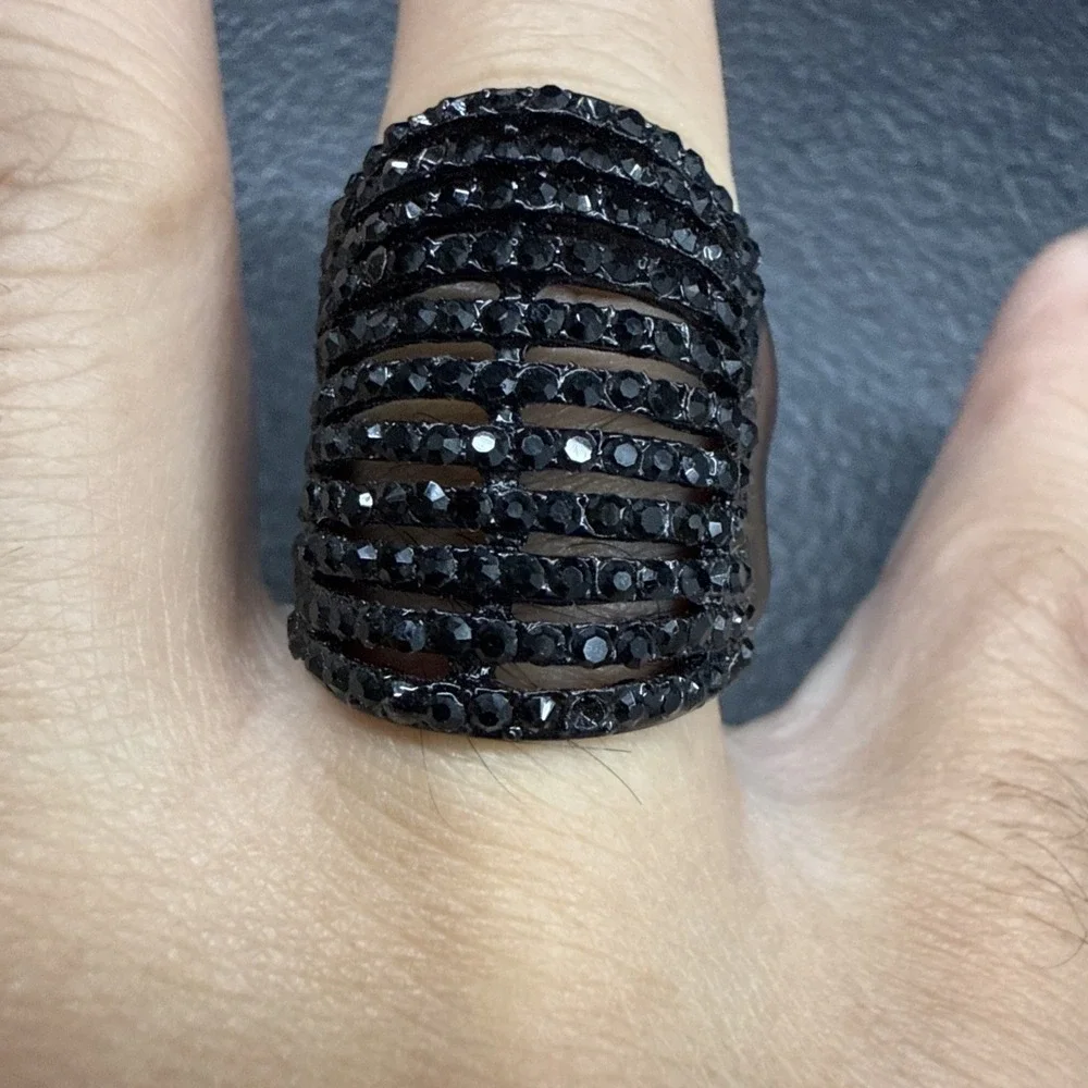 Wide Striped Statement Oversized Cocktail Party Ring Crystal Stretch Jet Black 7